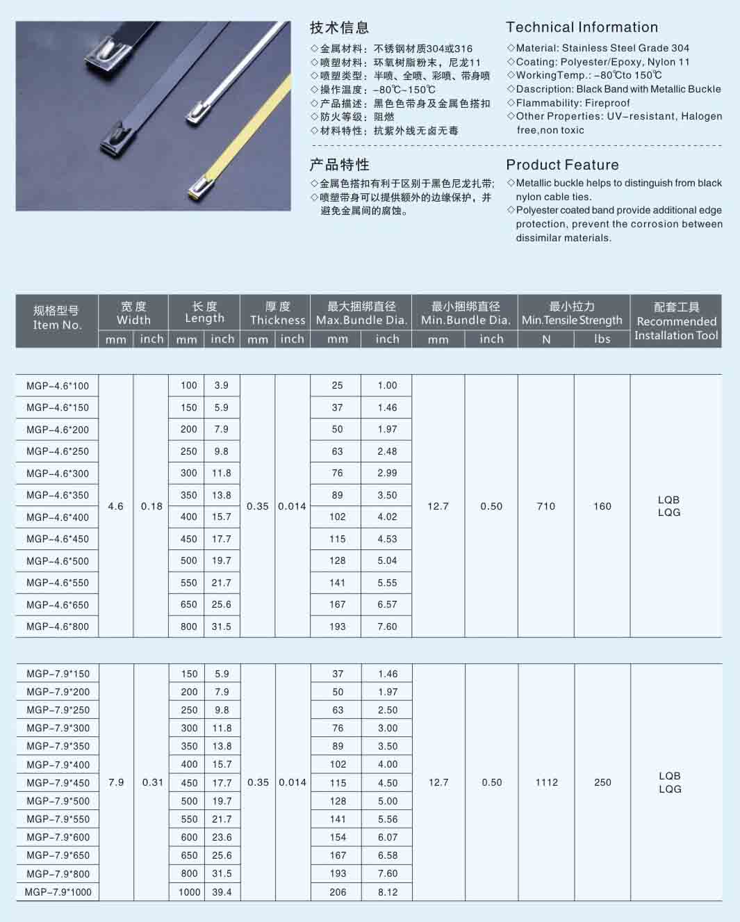 Tsamba la deta la Coated 304 Cable Tie